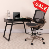 Flash Furniture BL-LB-8801X-D-GG Mid-Back Transparent Black Mesh Drafting Chair with Melrose Gold Frame and Flip-Up Arms 